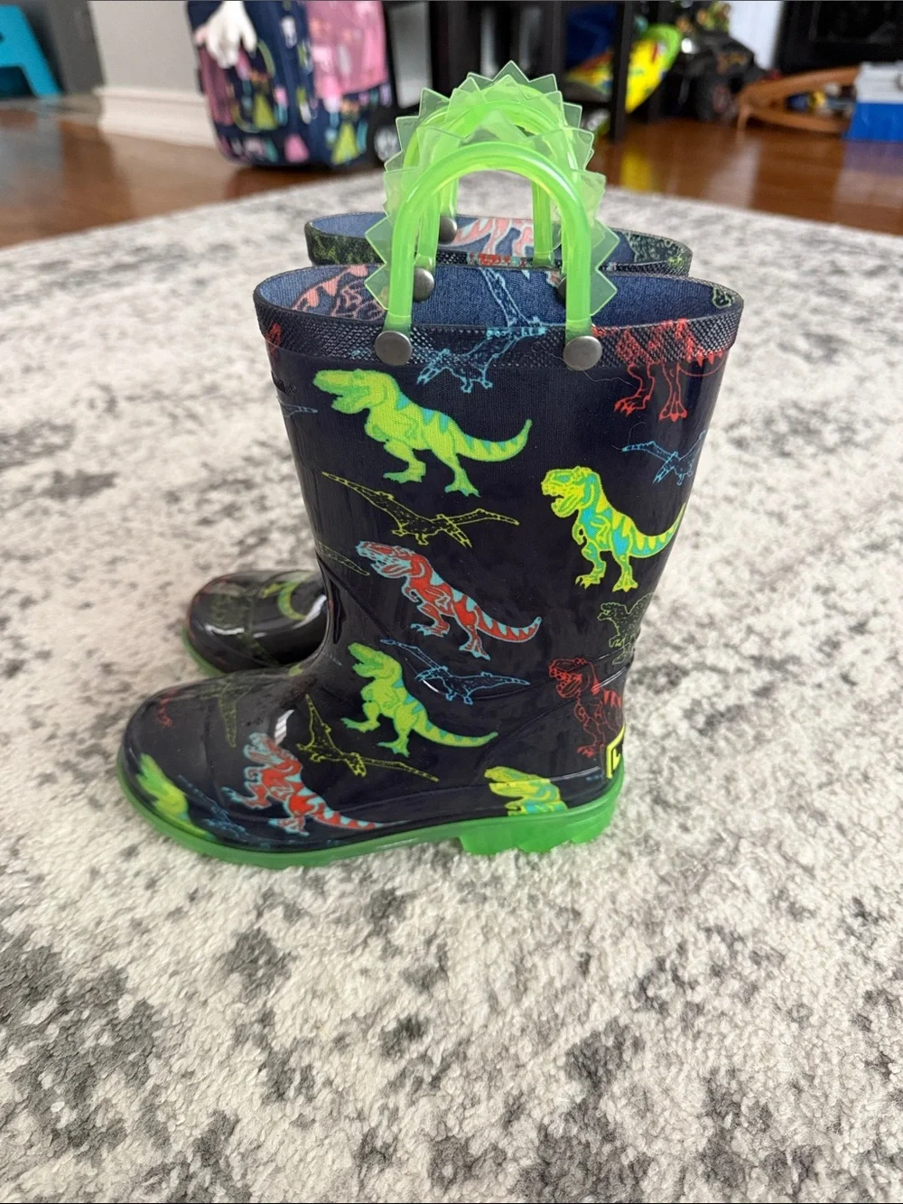 Kids Green Dino Rain Boots that light up